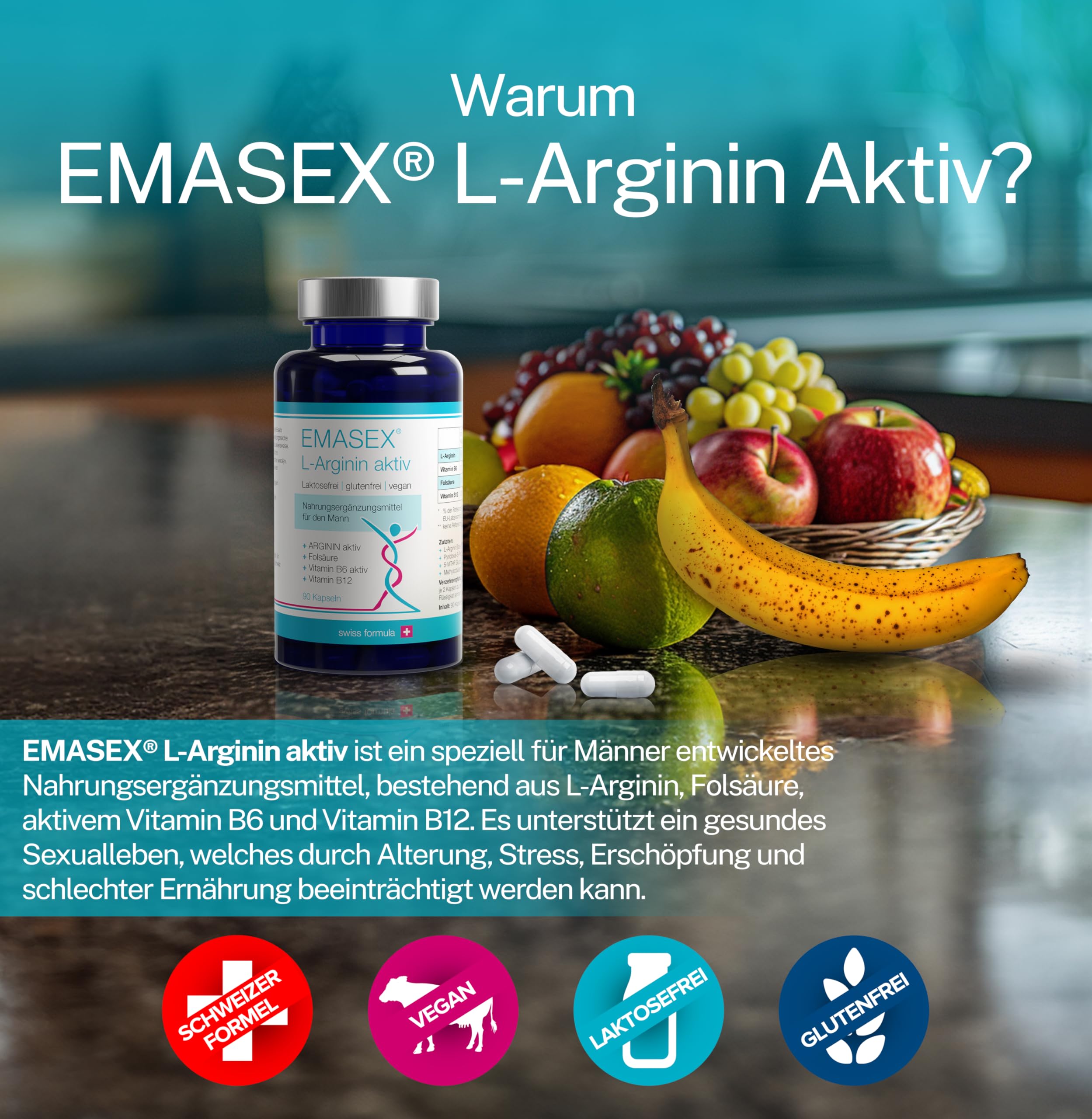 EMASEX L-Arginin bioaktiv 2680mg - Hochdosiert mit B6, B12 & Folsäure - Swiss Formula für Männer - Vegan, Durchblutung & Vitalität - 90 Kapseln