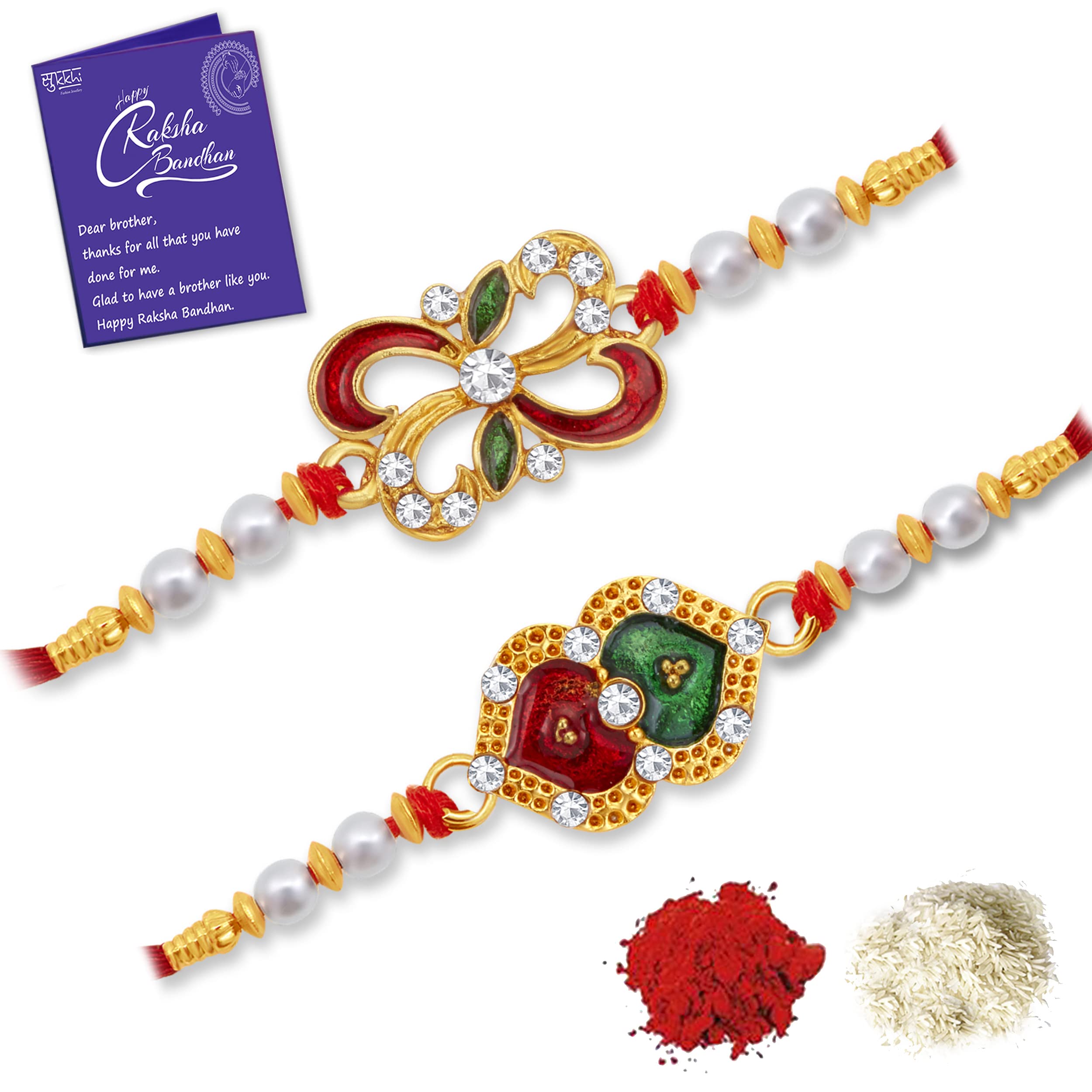 Sukkhi Rakhi Delightful Kundan Rakhi Combo & Designer Gold Plated Premium Rakhi for Brother, Roli Chawal & Greeting Card|Rakhi for Bhaiya|Rakhi for MEN|Kundan Rakhi|Rakhi Combo-Set of 2 |CBRAK104548 (B0B639D8ZJ) Amazon Price History, Amazon Price Tracker