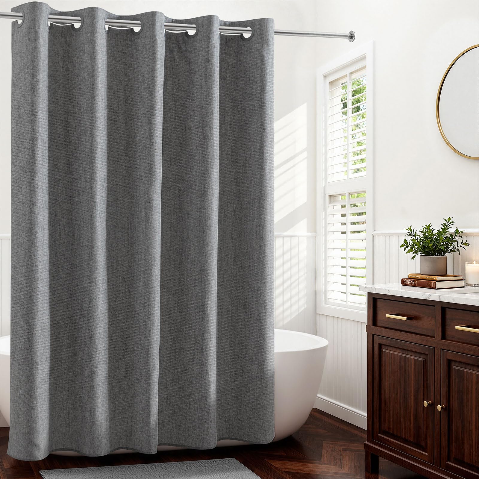River Dream Tenda da doccia senza gancio con fodera a scatto, tenda da doccia in tessuto di lino testurizzato per bagno, set da bagno rustico, impermeabile, grigio, 71 x 74 L