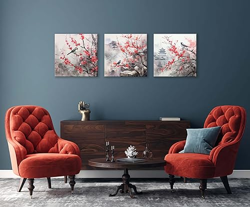 Miniatura 6 de Acuarela de estilo asiático tradicional chino arte de pared pájaro en flor de cerezo rojo, decoración de paisaje floral oriental, pintura de flores,