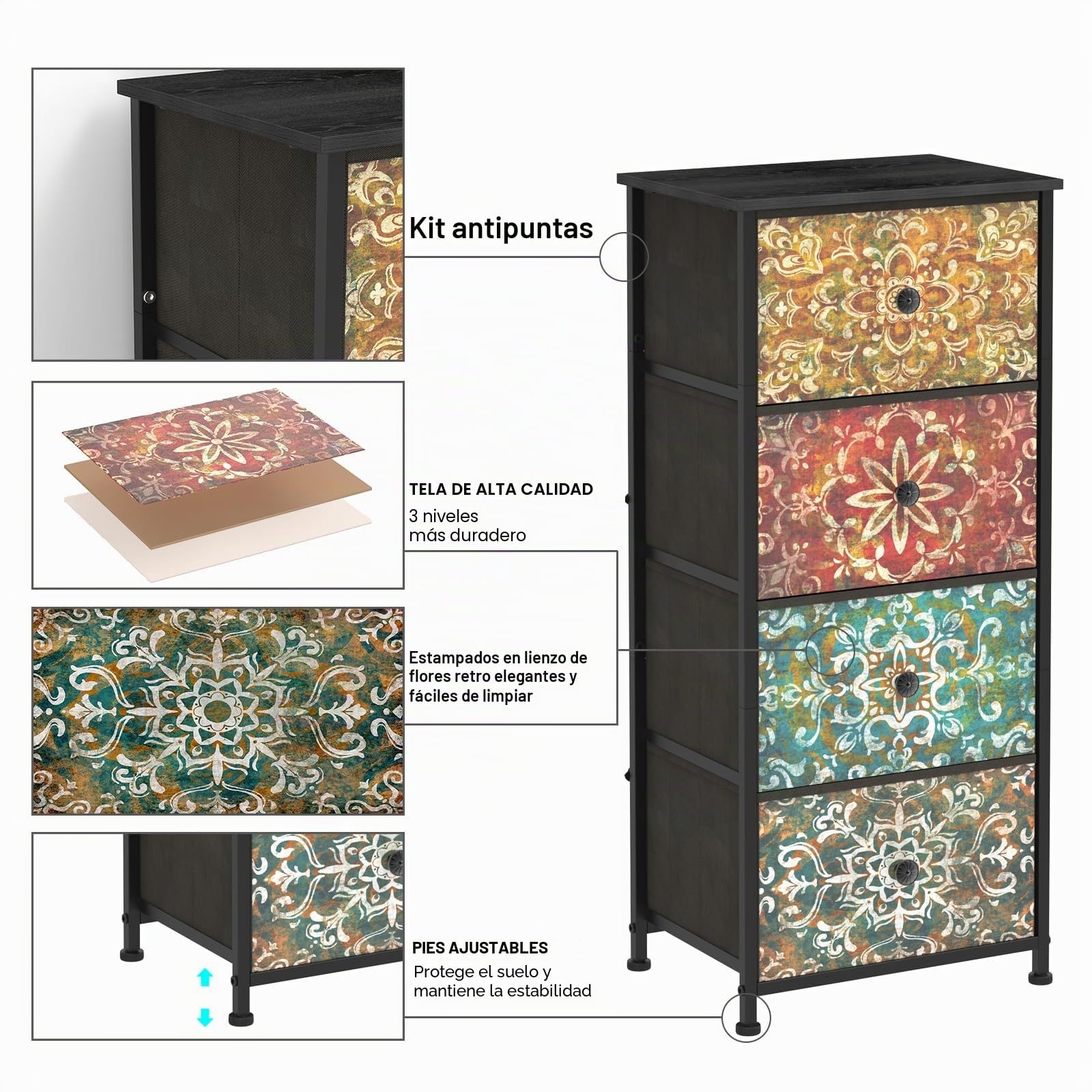 Cómoda con 4 cajones de tela estrecha Armario de tocador bohemio, armario de almacenamiento para dormitorio, armario industrial para salón, habitación infantil, pasillo