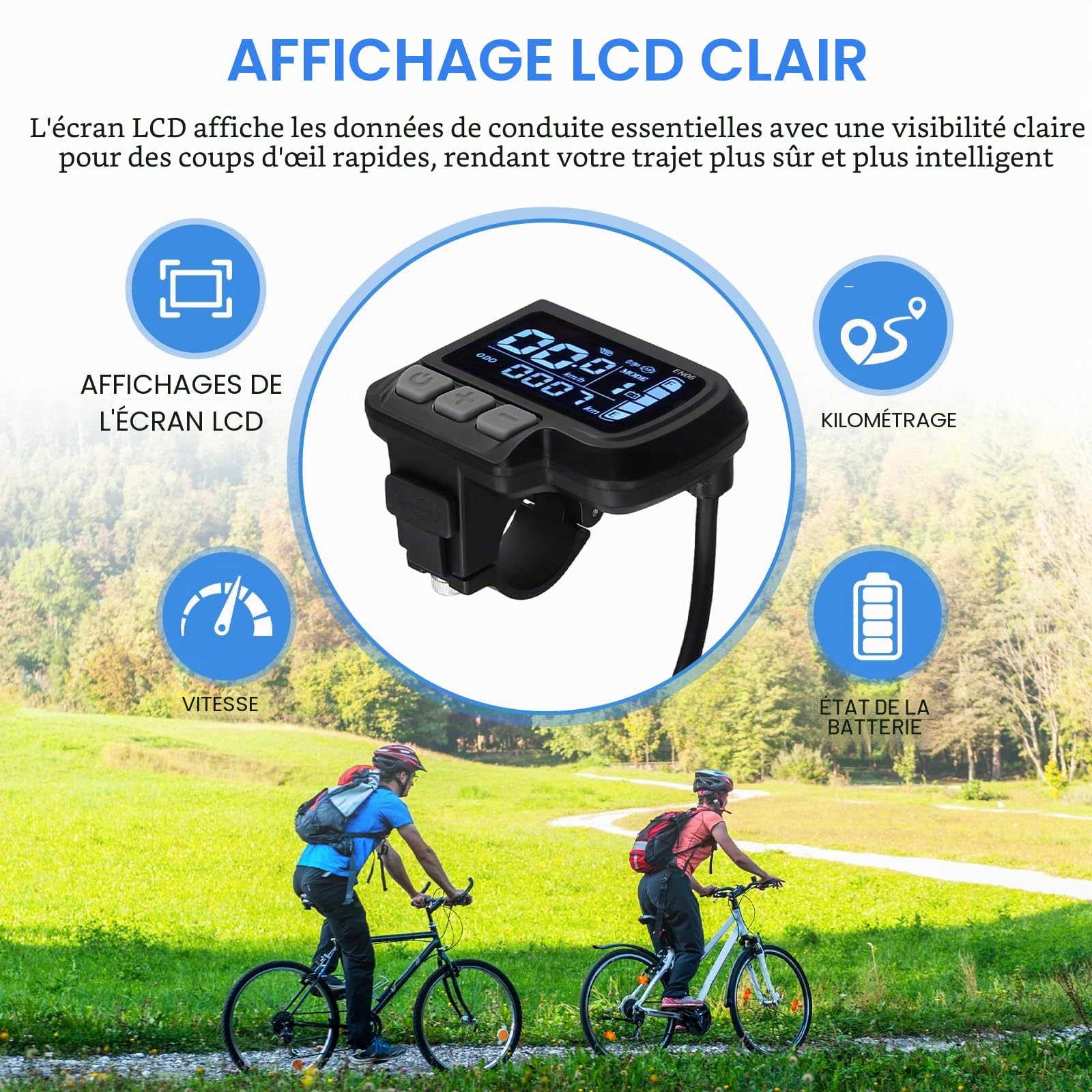 Affichage E-Bike 24V 36V 48V avec écran LCD et câble d'interface à 6 broches pour guidon de vélo électrique Corps ABS de 22,2 mm résistant à la température