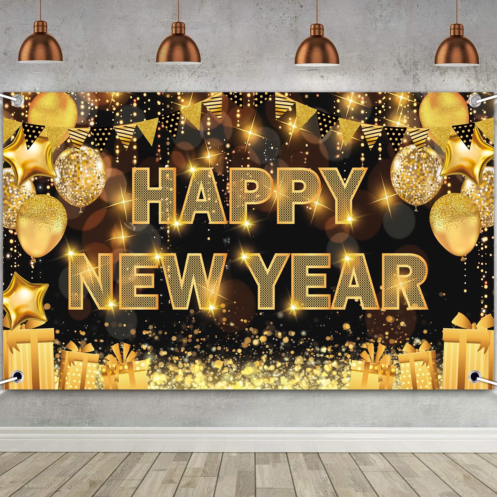 Silvester Deko 2026 Set – Happy New Year Girlande Gold-Schwarz, Glitzer – Banner, Sterne, Champagner – Für Party, Tisch & Wand