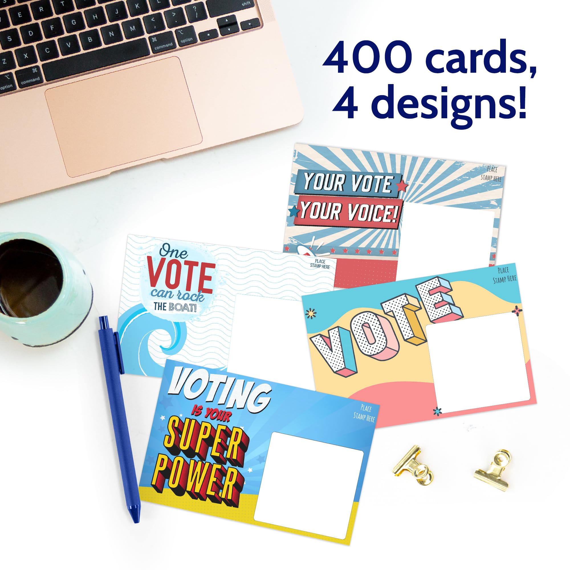 T MARIE 400 tarjetas postales para votantes a granel de 4 x 6 – 4 diseños vibrantes, parte trasera en blanco para mensajes personalizados, cartulina sin revestimiento resistente a las manchas, cambio