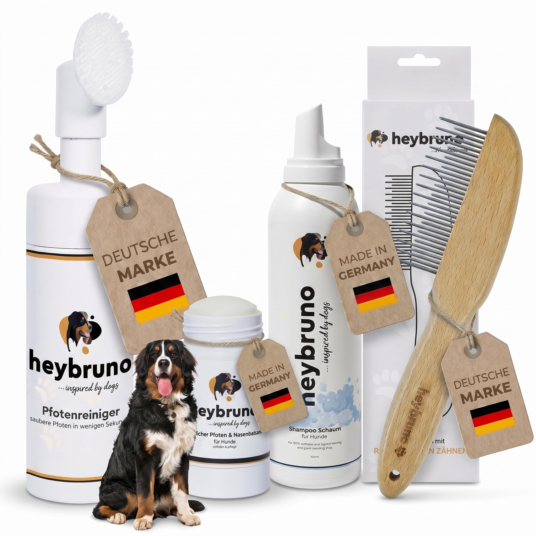 XXL Bundle Pfotenpflege und Fellpflege Set für Hunde - Pfotenreiniger 150ml mit Bürste - Pfotenbalsam und Nasenbalsam - Trockenshampoo Schaum - Hundeshampoo 200ml - Hundekamm für Langhaar