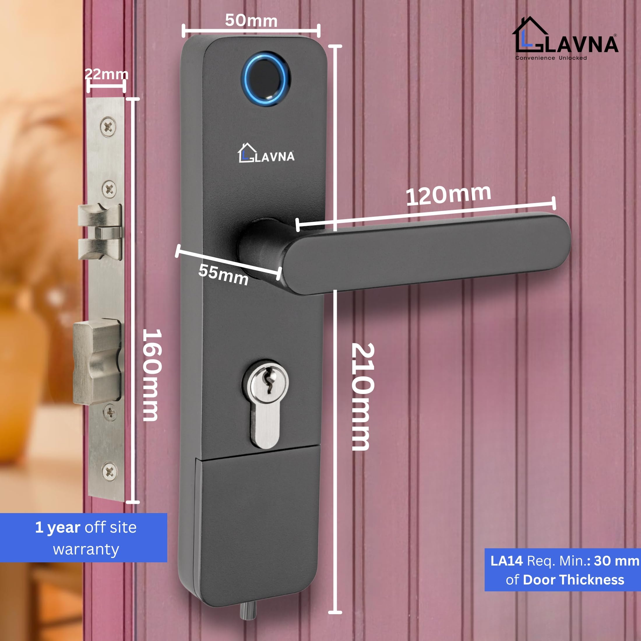 LAVNA Digital Door Lock | 3 Way Access | Fingerprint, Mobile app, Key Access | 2 Locking Bolts | Suitable for 30 mm to 45mm Wooden Door fit with Right N Left Door Side (LA14, Smart) 2
