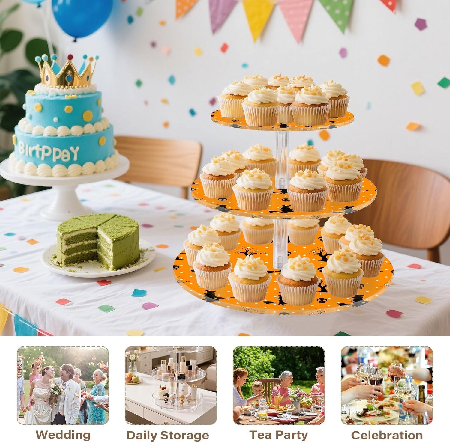 Skull Witch Halloween 3 Tier Acrylic Cupcake Stand, Cupcake Stand for 34 Cupcakes for Weddings,Christmas,Holidays,Parties,Birthday,Printed Cupcake Tower 23301114