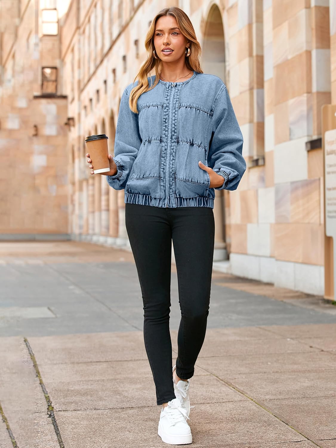 Glamaker Womens Denim Bomber Jacket Trendy Casual Zip Up Crew Neck Long Sleeve Loose Fit Jean Jacket Fall Outfits - Image 6