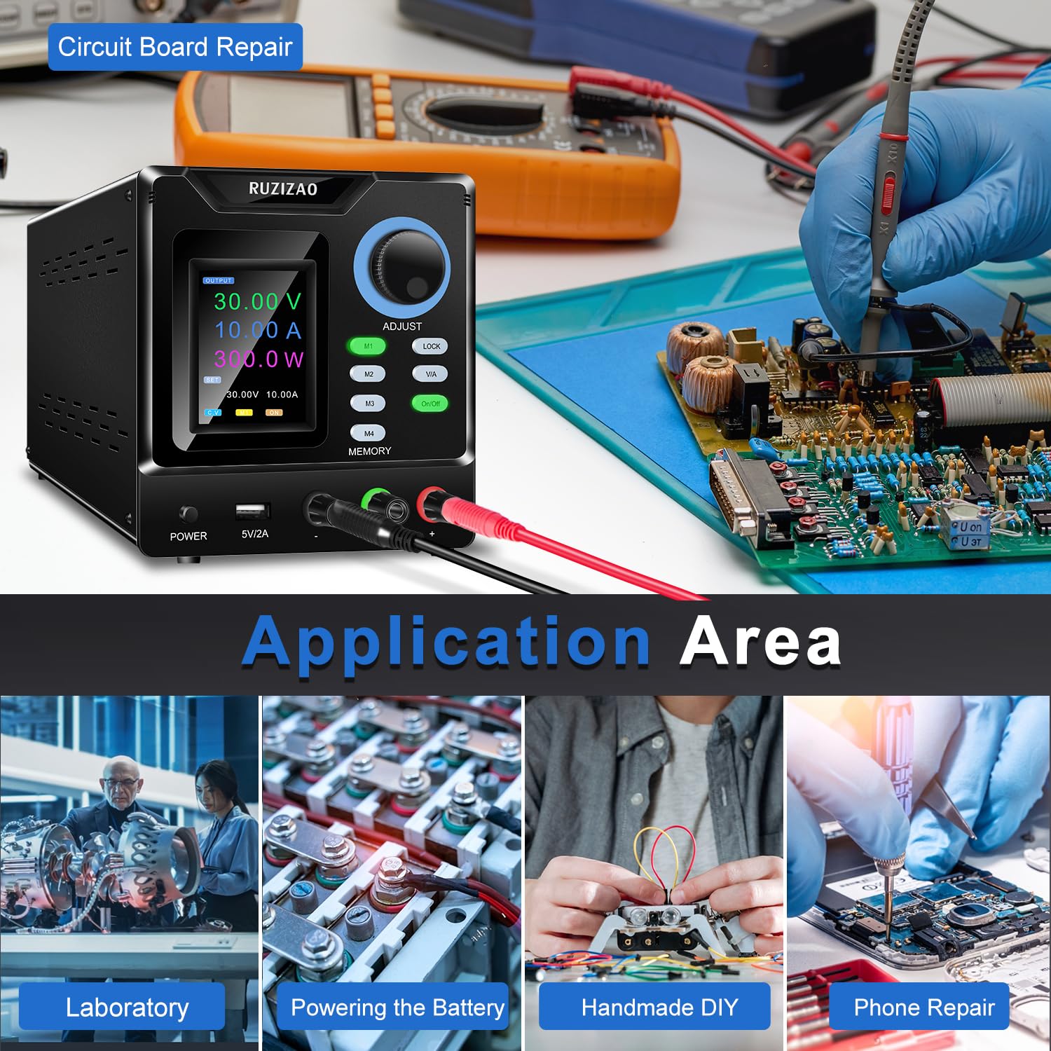 Fuente de Alimentación Regulable, 30V 10A DC Fuentes de Alimentación de Laboratorio, Programable Fuente Alimentación Laboratorio con, Equipado con codificación, memoria, interruptor de salida