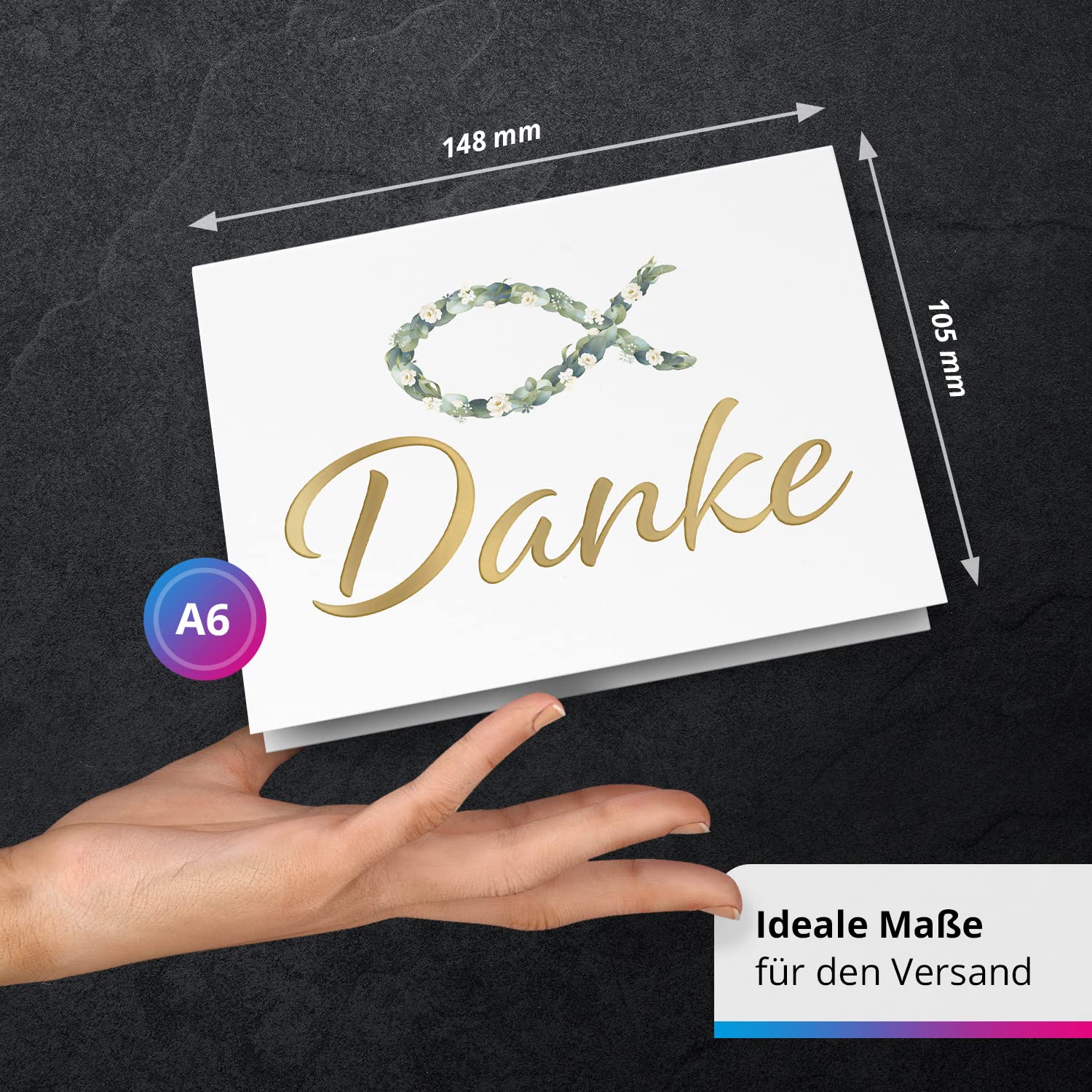 50 Dankeskarten kirchlich - Motiv Blätterfisch edel - moderne Klappkarten mit Umschlägen - Danke sagen nach Kommunion, Konfirmation, Taufe, Hochzeit