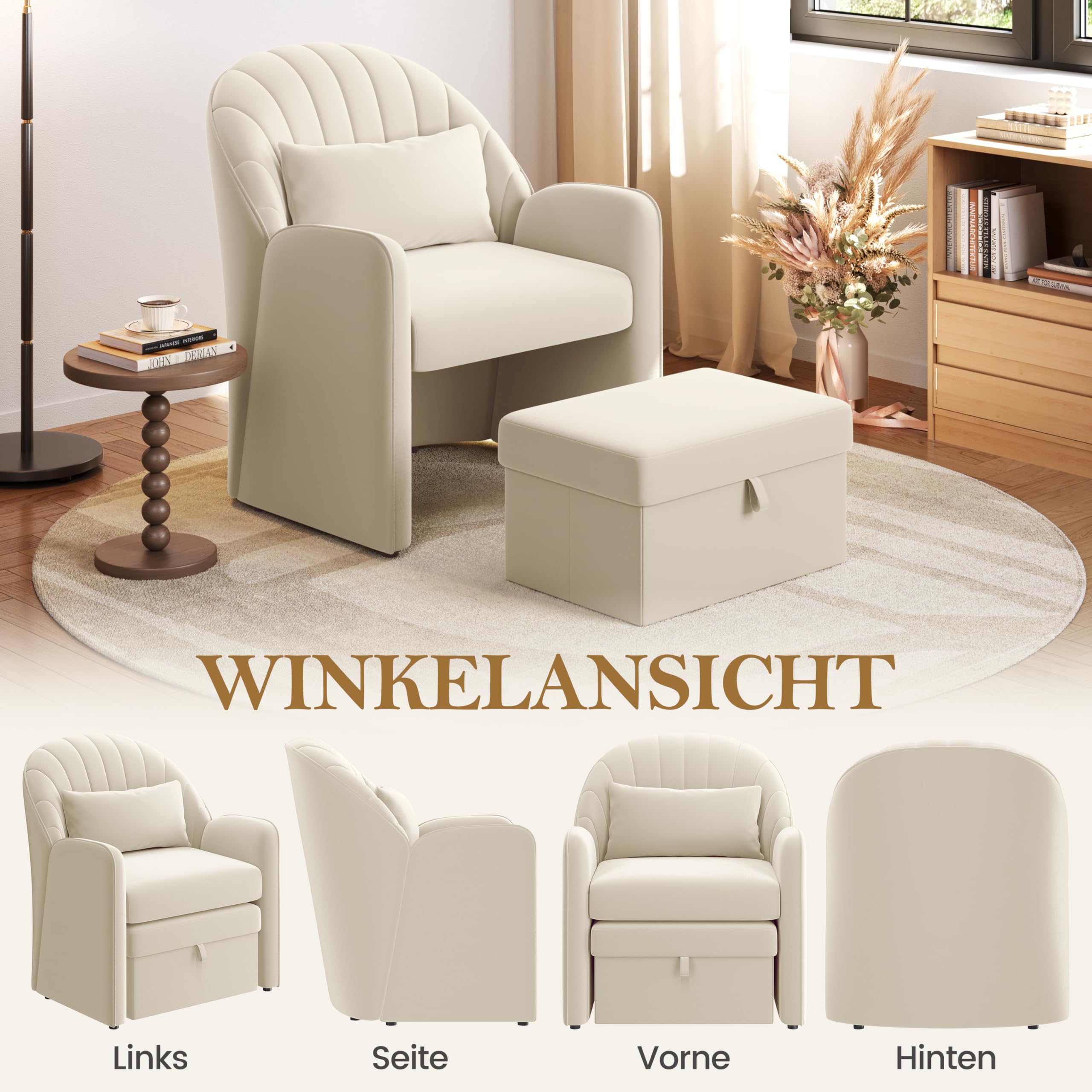 Yaheetech Sessel mit Hocker mit Stauraum, Bequemer Ohrensessel Wohnzimmer mit Rückenkissen, Relaxsessel Samt in Blütenblattform, Lounge Sessel für Büro/Schlafzimmer, Beige