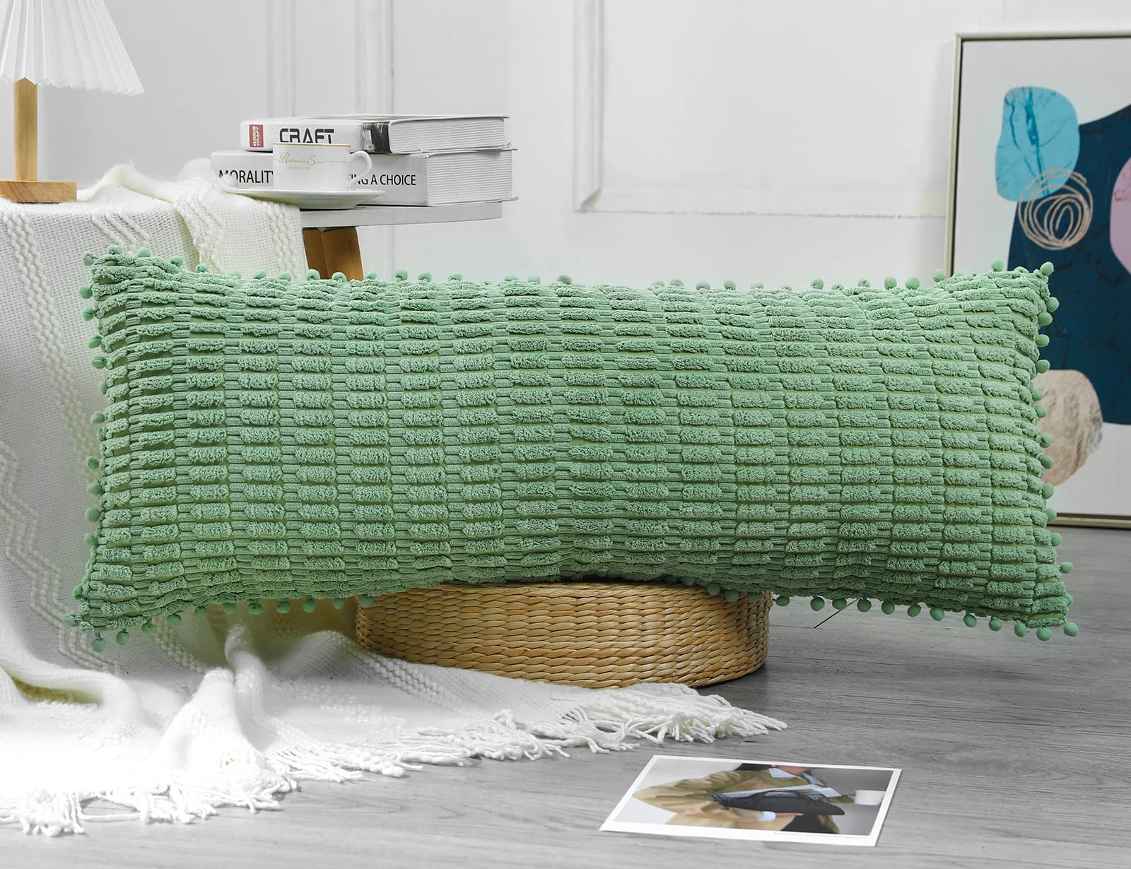 Housse De Coussin Lombaire Velours Côtelé Vert Sauge 30x91 Cm - Style Bohème