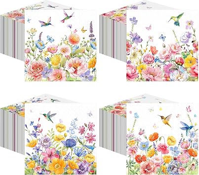 200 Pcs Spring Floral Cocktail Napkins Disposable 2 Ply Flower Hummingbird Butterfly Dinner Paper Napkins Bulk for Spring Party Favor Supplies