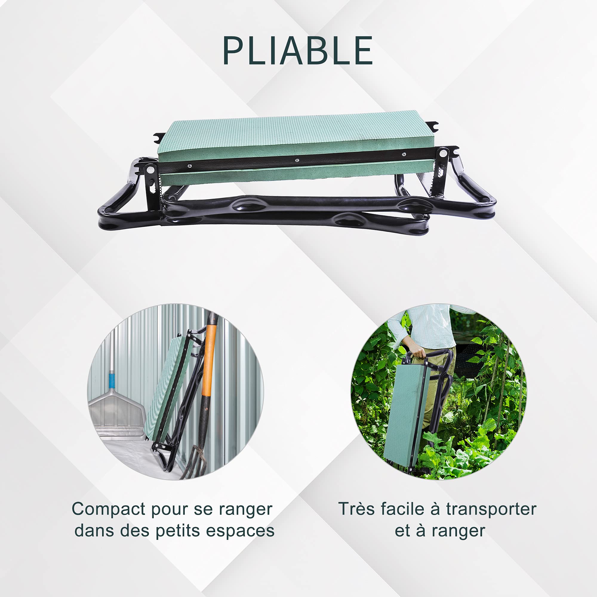 Outsunny Tabouret de Jardin Pliable agenouilloir de Jardin siège Jardinage avec Coussin Acier EVA Noir Vert