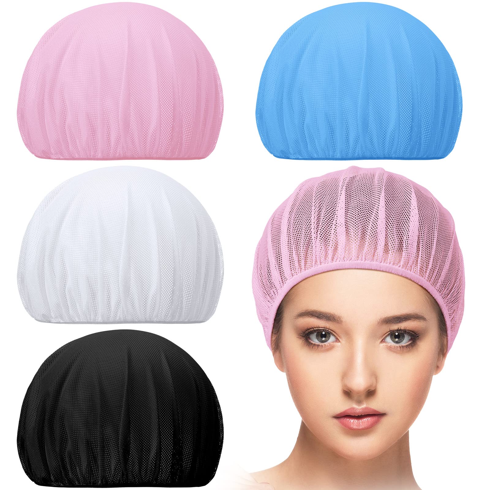 Chuarry 4 Stück Mesh Schlafhaube zum Schlafen Frauen Schlafkappe für Lockenwickler Lange Haare Haarnetz für lockiges oder krauses Haarschutz, Fabrik, Küche, Lagerarbeiter(Weiß, Hellblau, Schwarz)