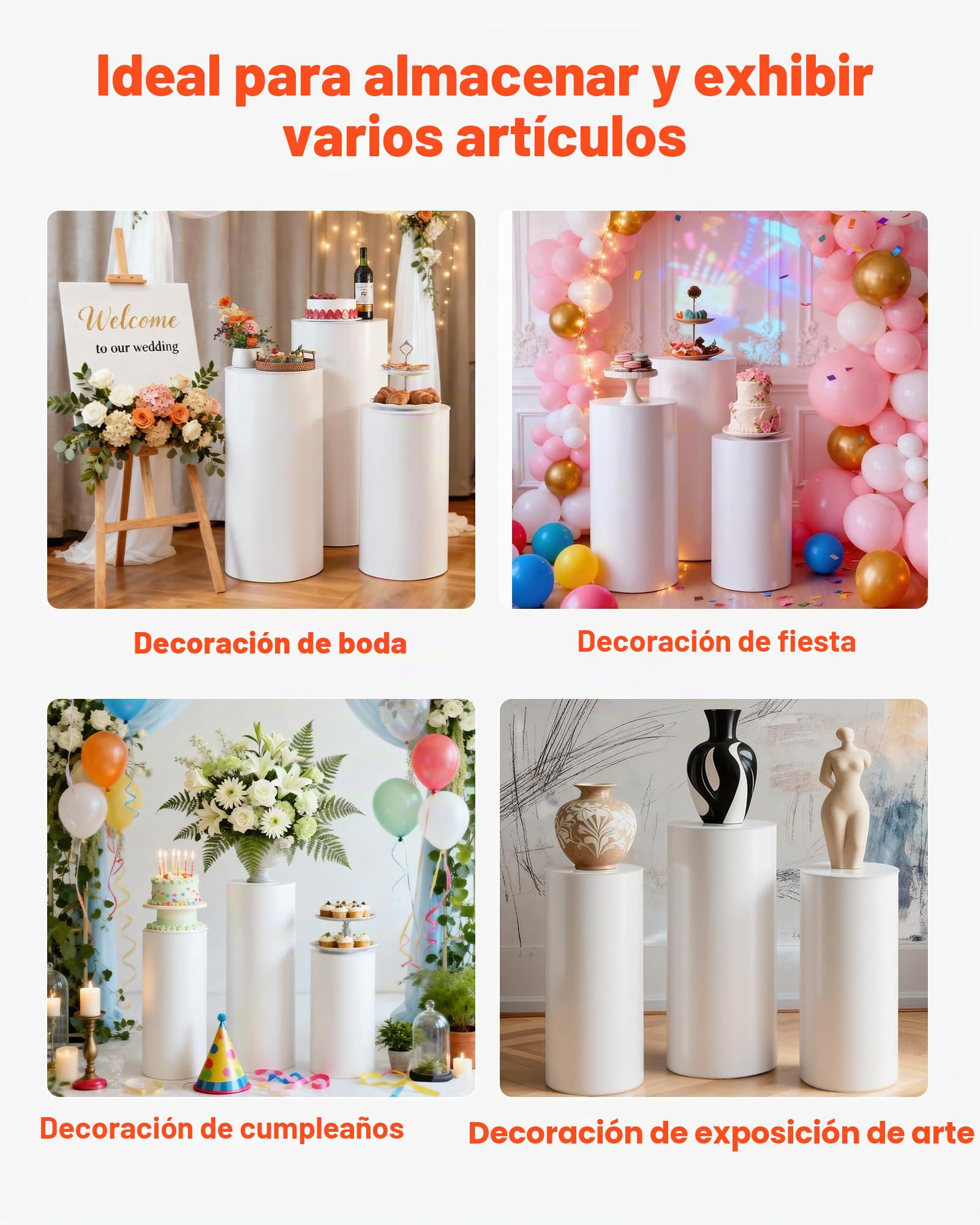 VEVOR Soporte Floral para Bodas, 3 Piezas, Pedestal Cilíndrico Redondo de 60/75/90 cm, con Tapa de PVC, Ideal para Bodas, Fiestas, Cumpleaños y Decoración Artística, Soporta hasta 15 kg