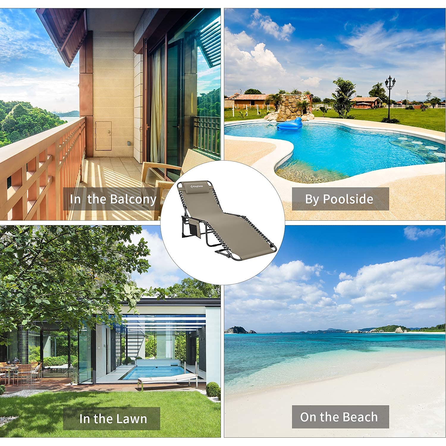 KingCamp 4Fold Outdoor Folding Chaise Lounge Chair for Beach