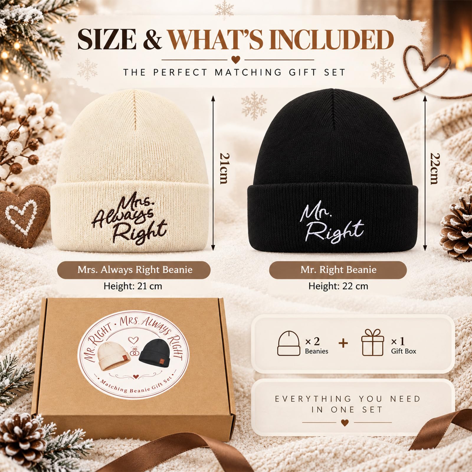 Geyoga 2er Set Partner Wintermützen mit Spruch, Beige und Schwarz
