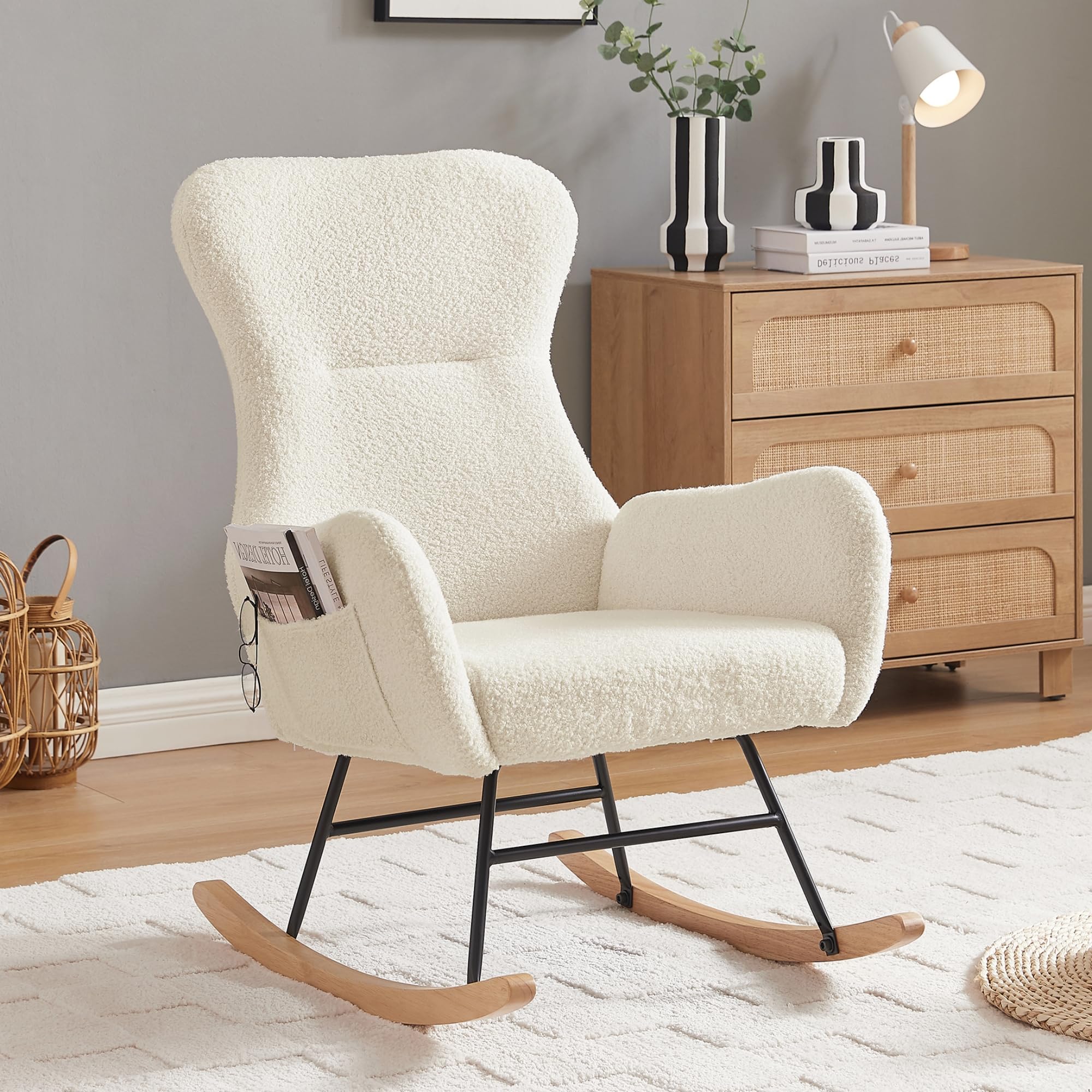 AWQM Rocking Chair Nursery, Teddy Fabric Upholstered Accent Glider Rocking Chair Padded Seat with High Backrest Armchair, Modern Comfy Chair for Nursery Living Room Bedroom(Beige)