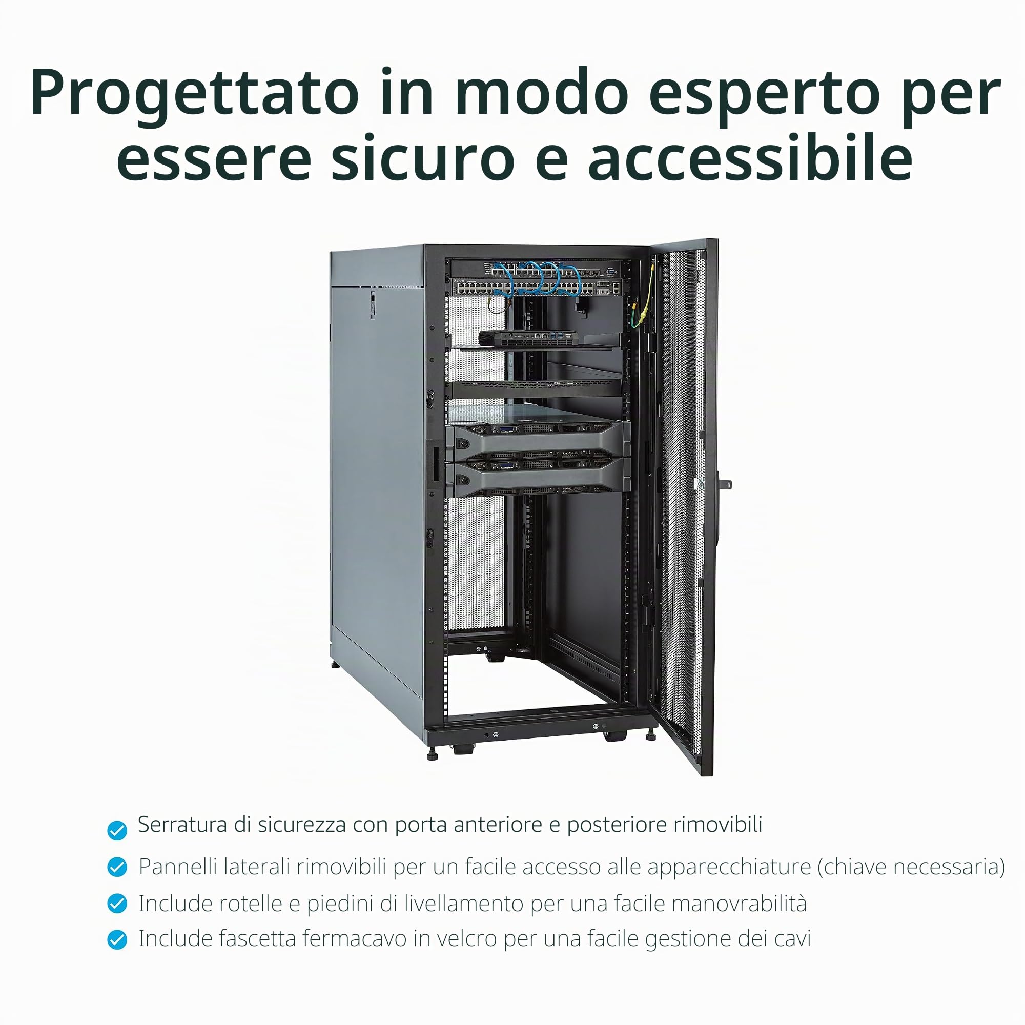 StarTech Armadio Server 25U 19" 4 Montanti su Ruote, Ripiano 1U (RK2537BKM) | Guide di Montaggio Regolabili, Spedito Assemblato, per Server e Reti IT