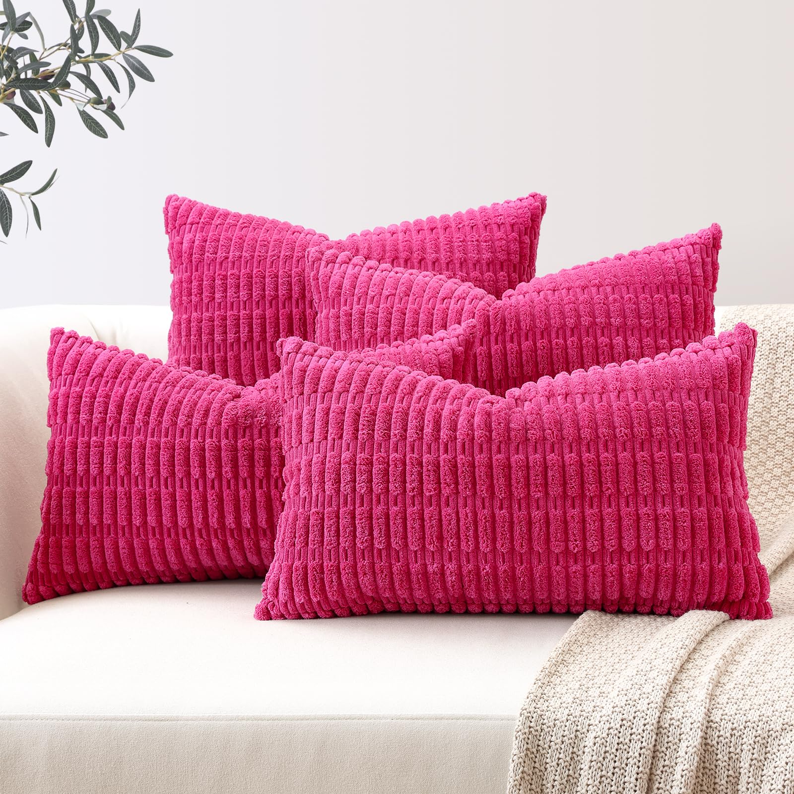 Sungeek Set of 4 Soft Corduroy Decorative Cushion Covers 30x50cm Lumbar Striped Throw Pillow Covers 12x20 Inch for Sofa Couch Living Room Patio Farmhouse Boho Home Decor Pillowcases (Hot Pink)