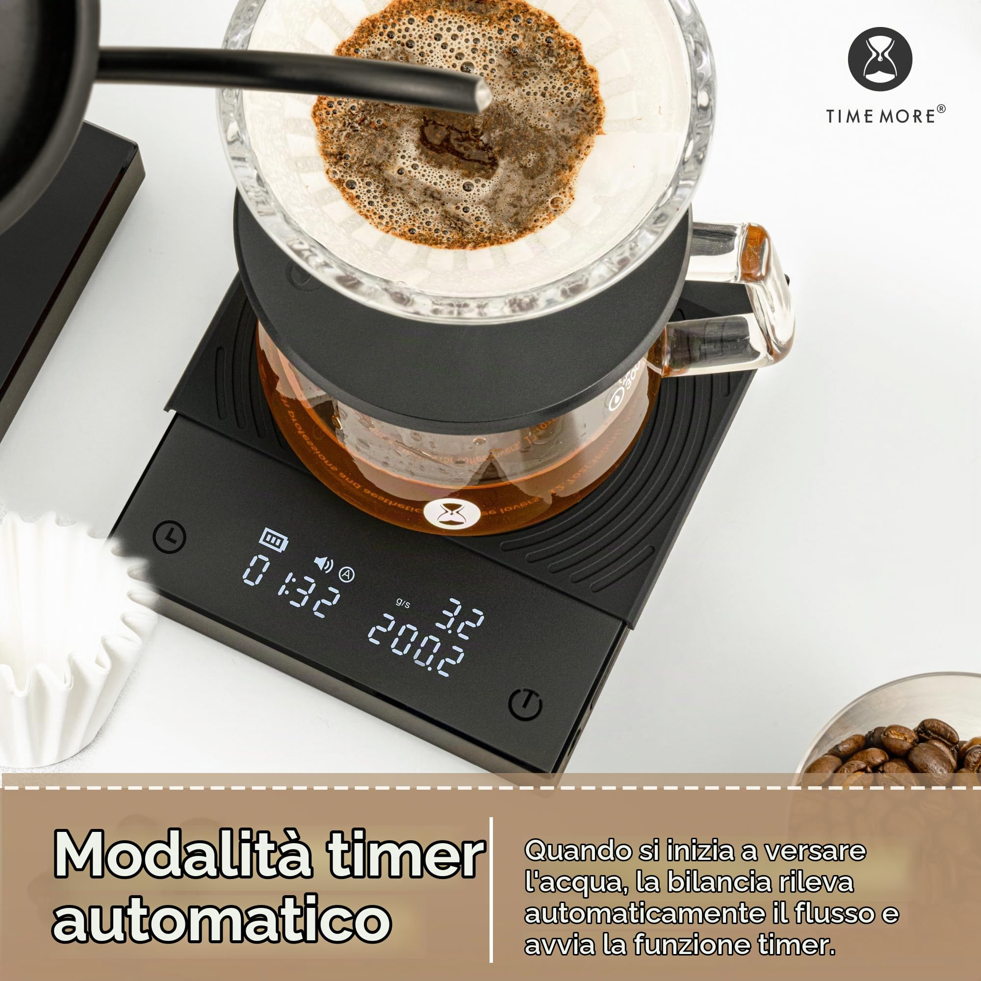 Black Mirror Basic 2, Bilancia da caffè TIMEMORE con timer per caffè filtro, controllo del flusso, precisione di 0,1g, timer automatico, capacità di 2000g, nero