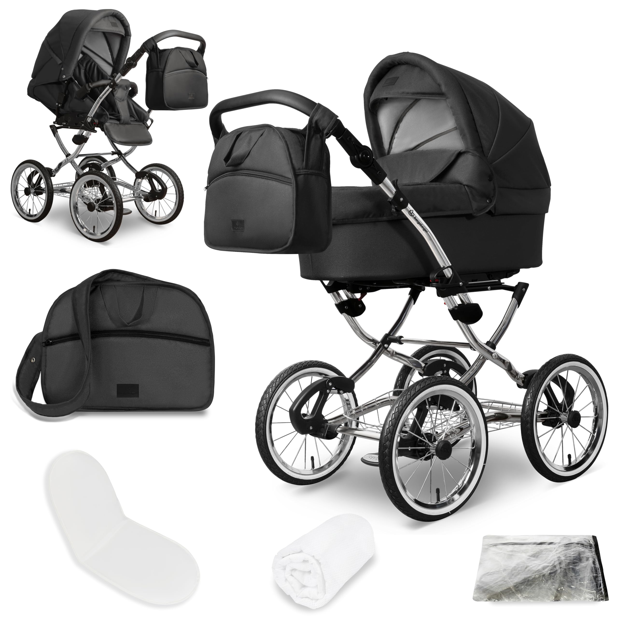 Bergsteiger Venedig Nostalgie Kombikinderwagen 2-in-1 Babywanne | Komfortabler Buggy ab Geburt bis 22 kg mit 14 Zoll Luftreifen Rahmenfederung verstellbarem Griff und Wickeltasche