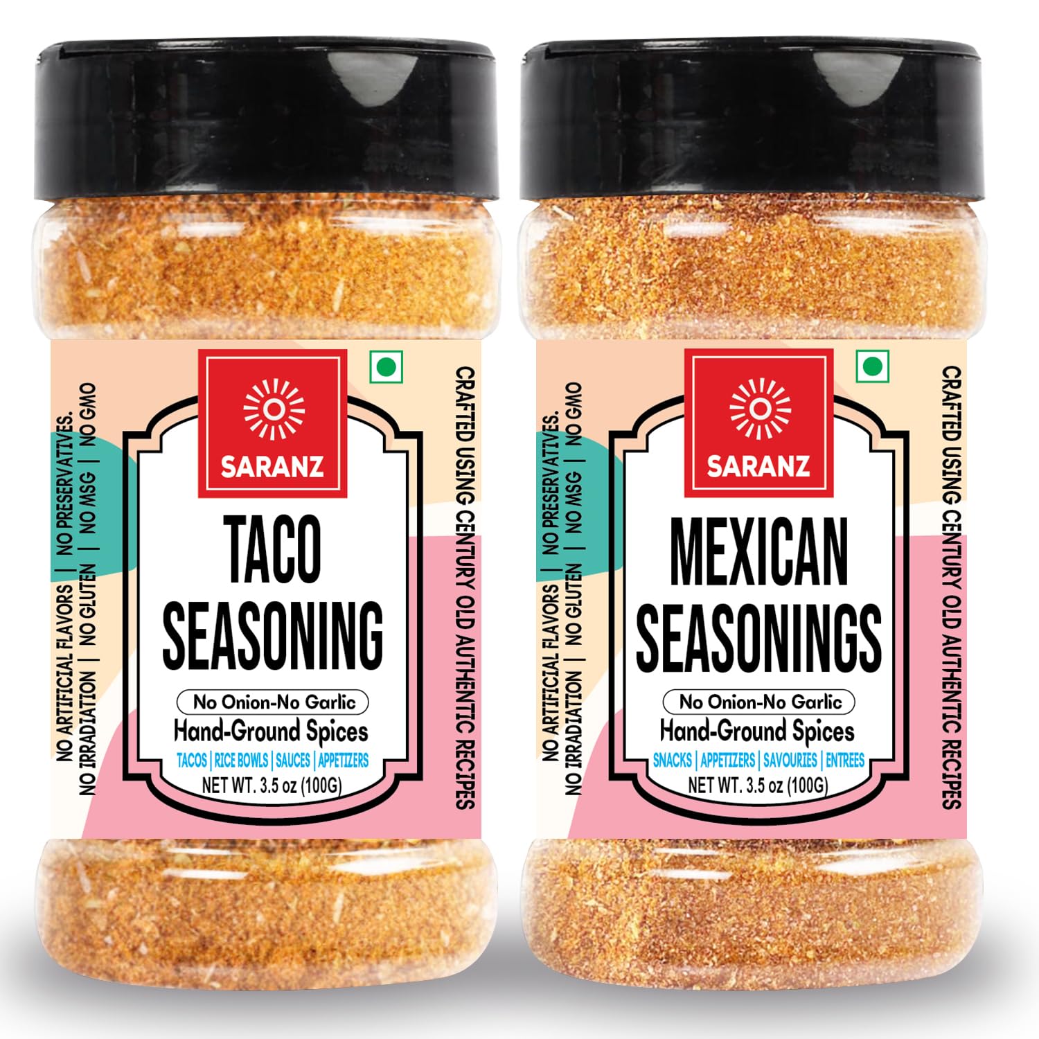 SARANZ Jain Mexican Seasoning Combo Pack | Jain Taco Mix and Mexican Mix | No Onion No Garlic | For Tacos, Burritos, Wraps, Nachos and Rice Bowls | Vegan, Gluten-Free, Dairy-Free | Set of 2 x 100g Jars