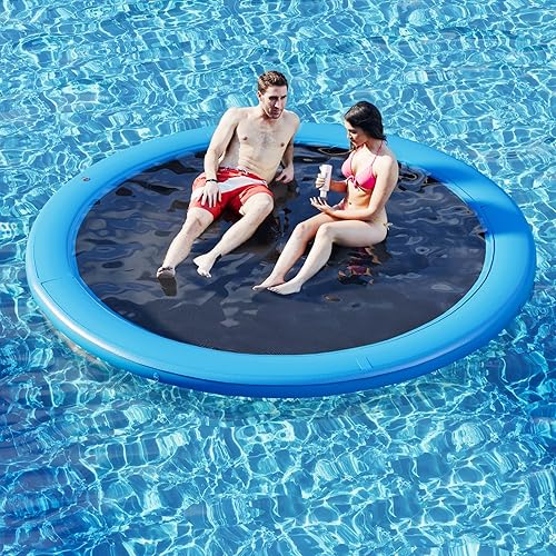 Round Inflatable Floating Dock, Sunchill Float Ring, Hammock Tanning Pool with 4in Woven Fabric, Manual Pump for 1-2 Min Quick InflateDeflate, Fits