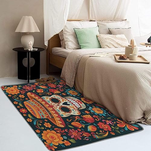Miniatura 3 de Alfombra de calavera de azúcar y decoración del hogar, alfombra mexicana de 6 x 8 pies, alfombra mexicana para sala de estar, dormitorio, alfombra