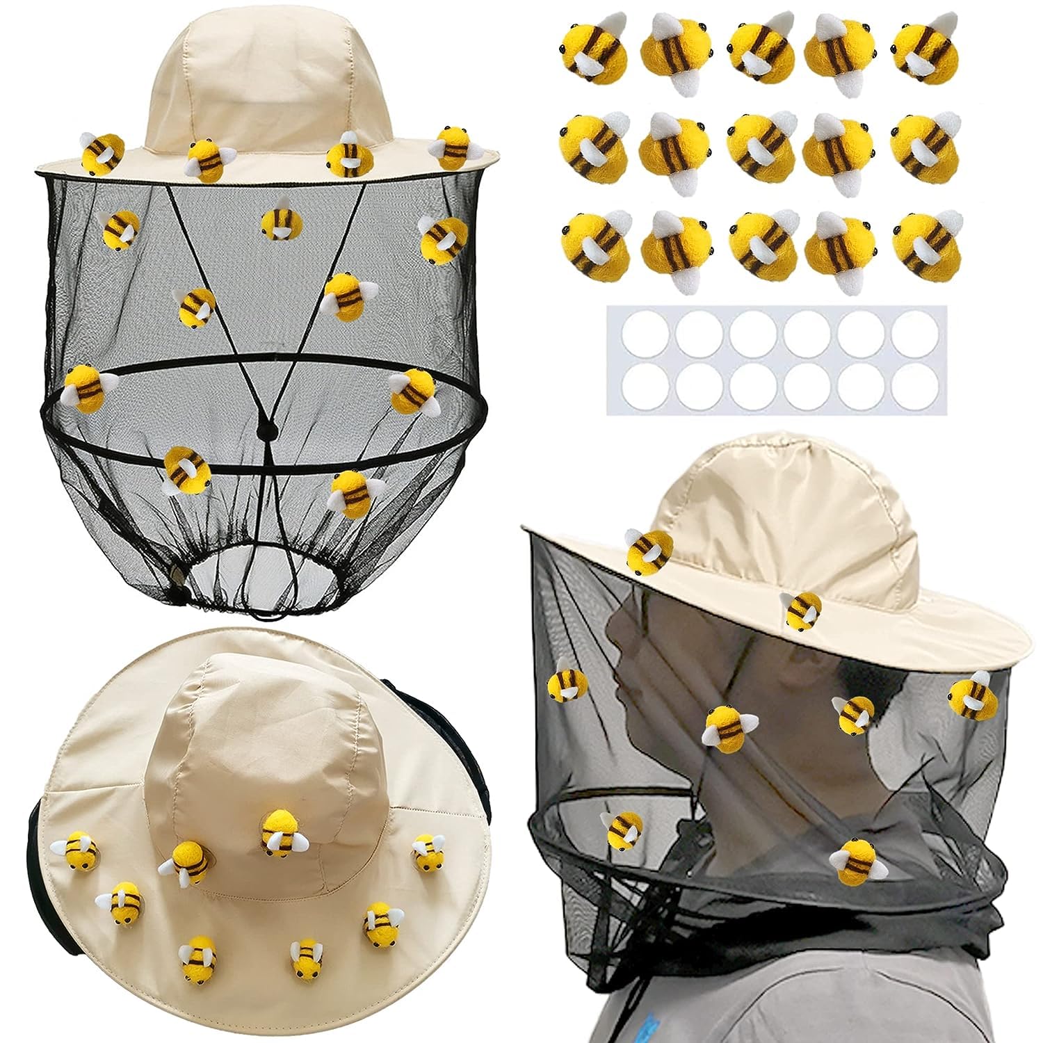 54Pcs Beekeeper hat Set Including 2Pcs Bee Keeper Hats, 12Pcs Wool Felt Bee, Round Double Sided Tape,Bee keeper Costume Helmet Bug Insect Hats with Netting for BeeKeeper Halloween Costume Adult