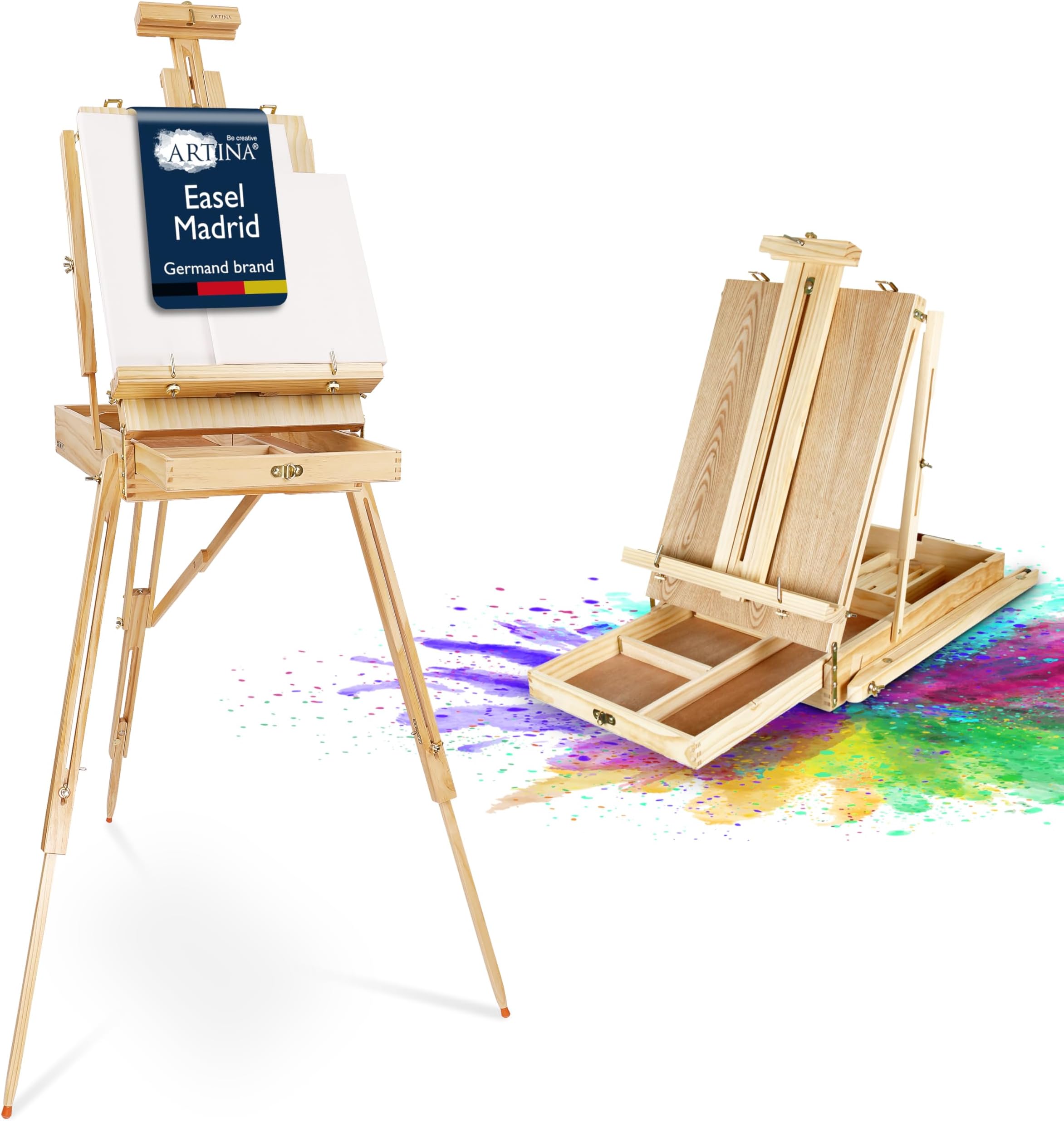 Wooden Easel Stand for Painting with Storage Box & Tripod Legs Madrid - Art Canvas Holder Foldable & Lightweight Canvas Stand Large Painting Easel for Artists