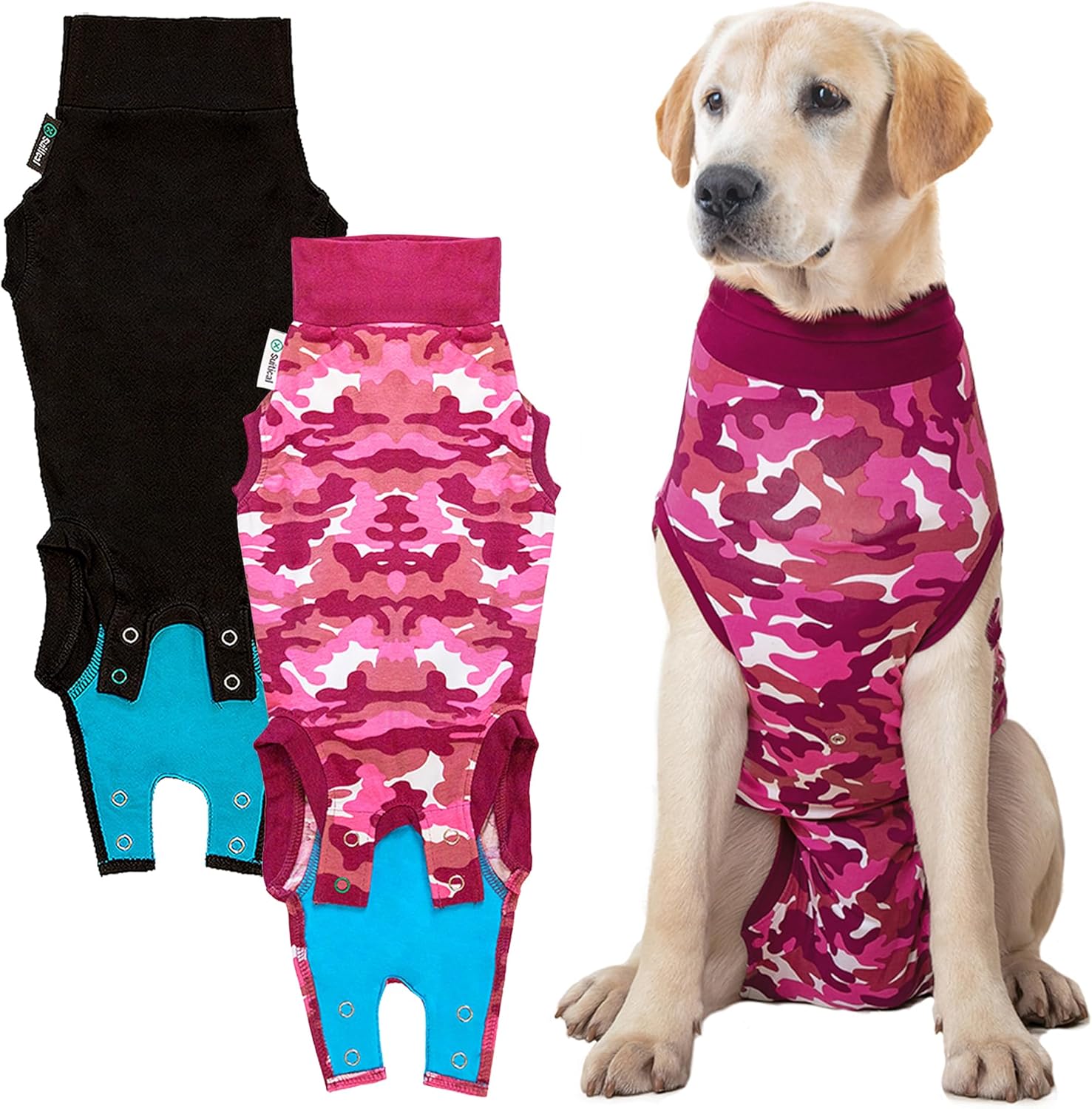 Suitical Recovery Suit for Dogs, 2 Pack - Dog Surgery Recovery Suit with Clip-Up, Breathable Fabric for Spay & Neutering - 21.7-27.3 in Neck to Tail, Chest 27-37 in - Medium, Black & Pink Camouflage
