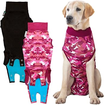 Suitical Recovery Suit for Dogs, 2 Pack - Dog Surgery Recovery Suit with Clip-Up, Breathable Fabric for Spay & Neutering - 21.7-27.3 in Neck to Tail, Chest 27-37 in - Medium, Black & Pink Camouflage
