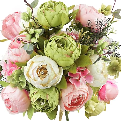FiveSeasonStuff Artificial Peony Bouquet, Pink, Beige & Green Silk Flowers