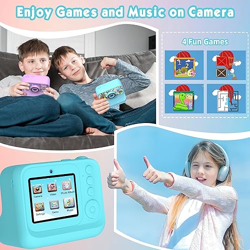 Miniatura 7 de Cámara para niños, impresión instantánea de cámara para niños, cámara digital para selfie dual frontal y trasera con videos de 1080P, juguete de