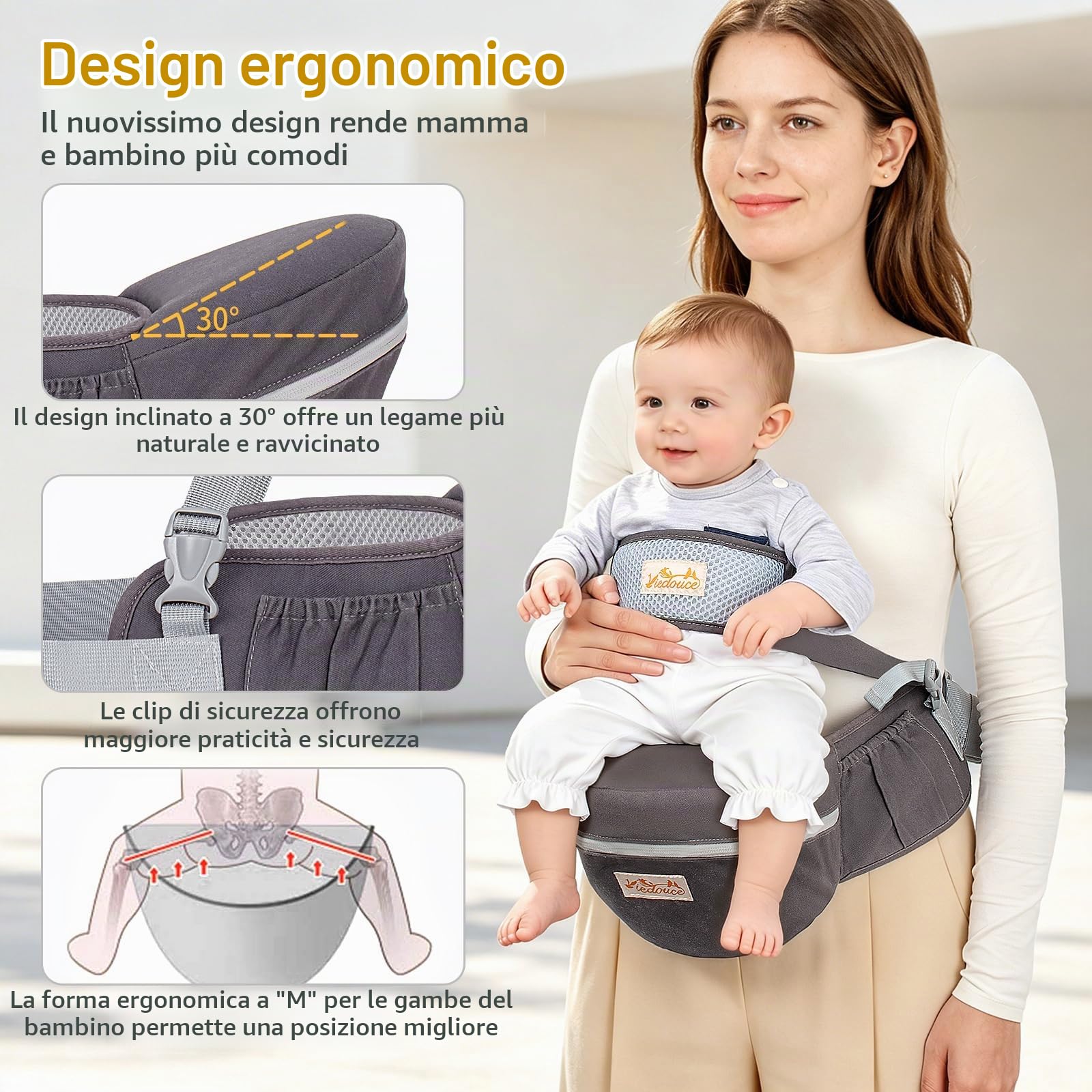 Viedouce Hipseat Marsupio Neonato Ergonomico, Neonati Marsupio Bambino con Cintura di Sicurezza, Leggero e Traspirante per 4-36 Mesi (Grigio Scuro)