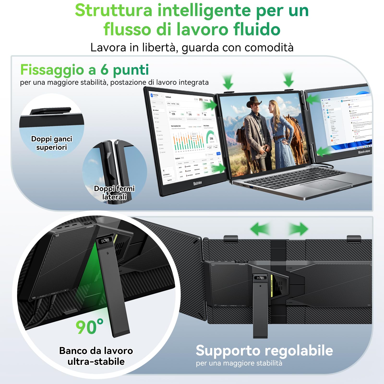 Blackview DCM5 Monitor Portatile per Laptop, Ultrasottile e Leggero,14″ FHD 1080P Ultra Triplo Schermo PC Portatile, Plug & Play, Adatto da 13-17″,compatibile con Smartphone, PC, Mac, PS5, Xbox