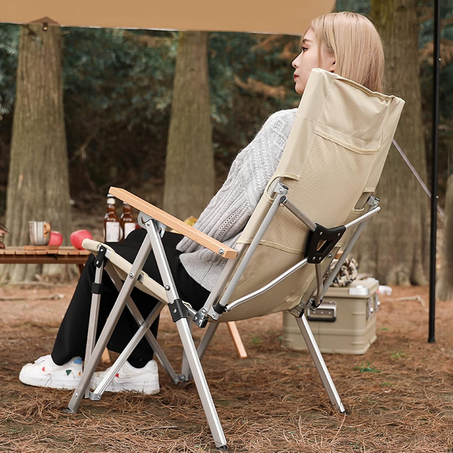 REDCAMP Folding Chair Patio Lounge Chair Adjustable, Portable Recliner Chair Fishing Chair for Camping Outdoor Beach, Beige : Patio, Lawn & Garden