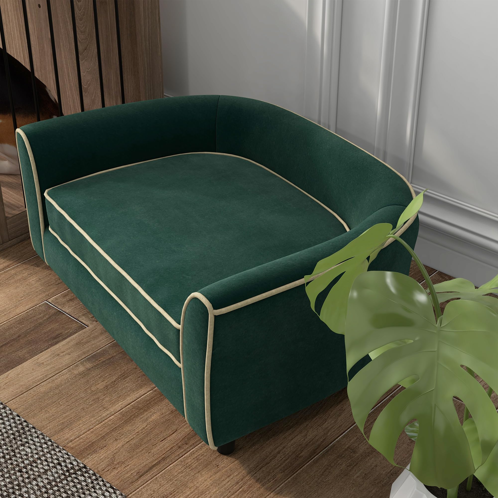 PawHut Divano per Cani Taglia Piccola e Media Elegante con Cuscino, Divanetto per Cani in Tessuto Effetto Velluto e Legno, 79x56x35 cm, Verde Scuro