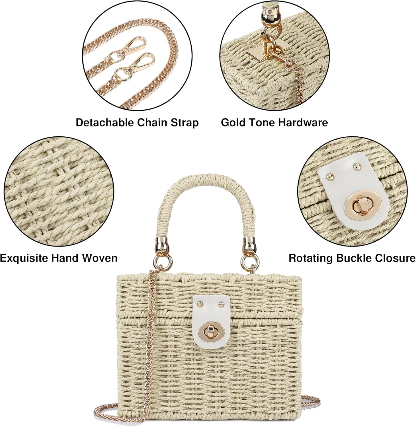 Handwoven Rattan Bag for Women Wicker Crossbody Shoulder Bag Straw Beach Tote Bag Top Handle Satchel Handbag with Chain Strap - Image 4