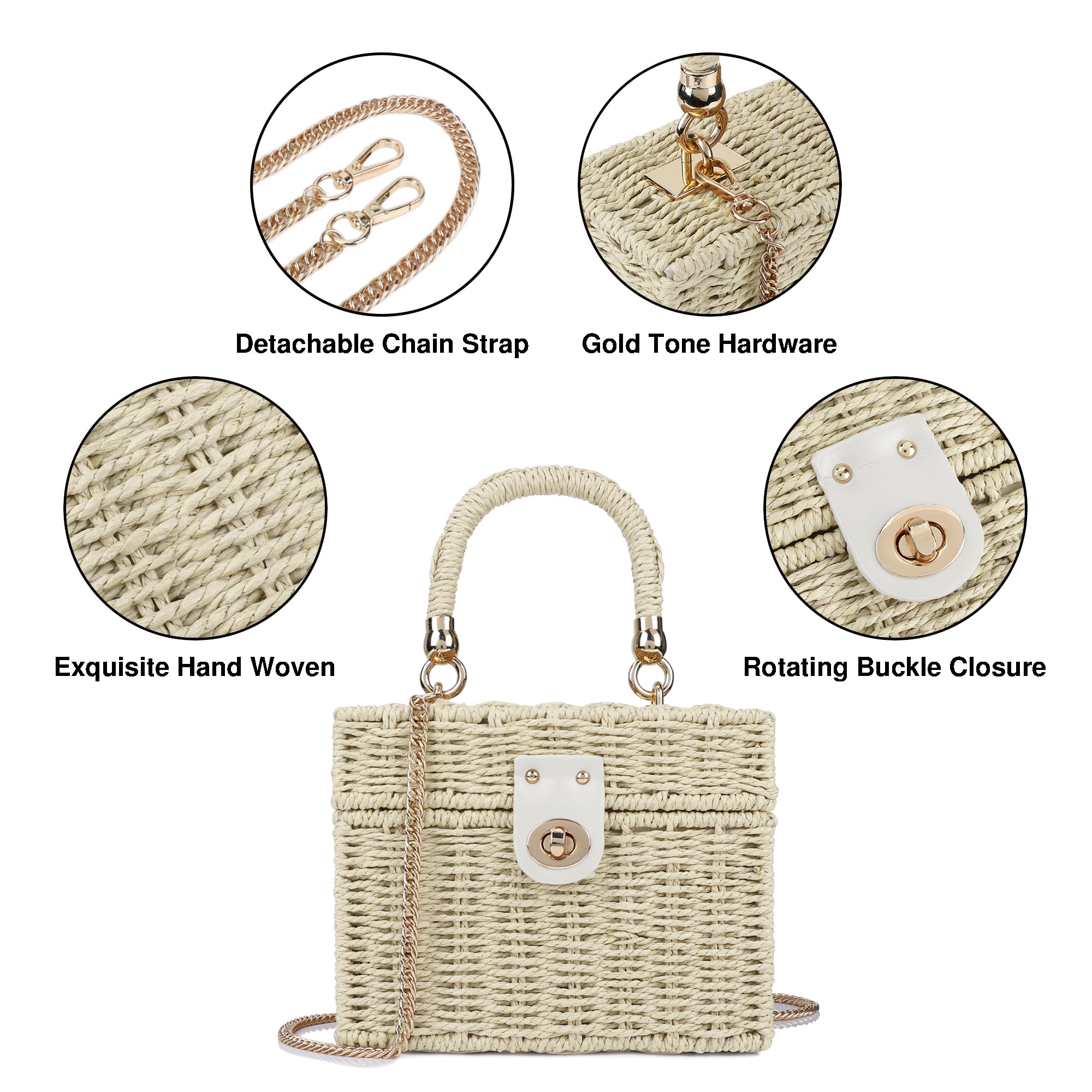 Handgewebte Rattan-Tasche für Damen, Korbgeflecht, Umhängetasche, Stroh, Strand-Tragetasche, Tragegriff oben, Handtasche mit Kettenriemen
