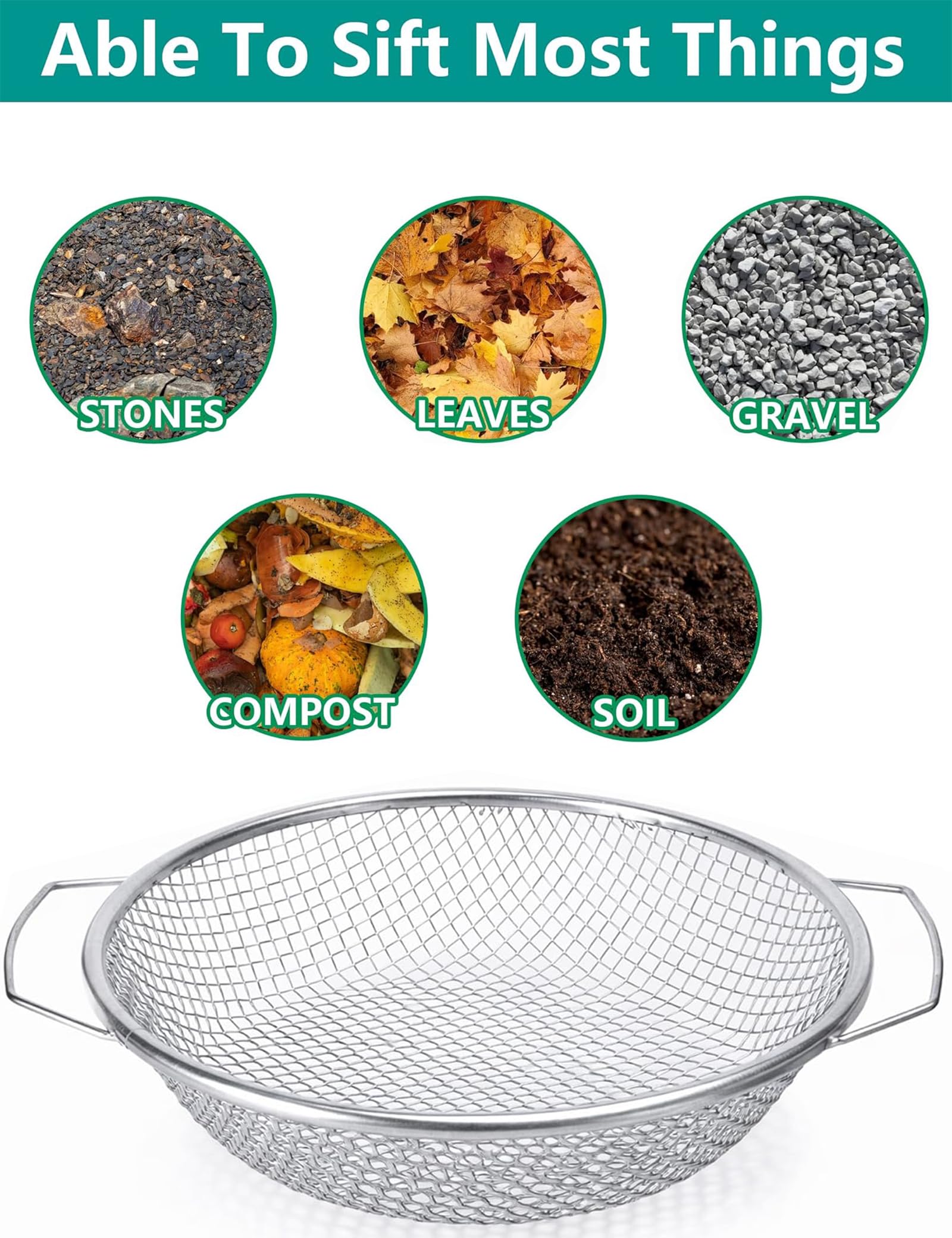 Setaccio da Giardino per Terra con Maglia 6mm, Setaccio per Compost in Acciaio Inox, Vaglio per Sabbia e Sassi, Strumento Professionale per Giardinaggio