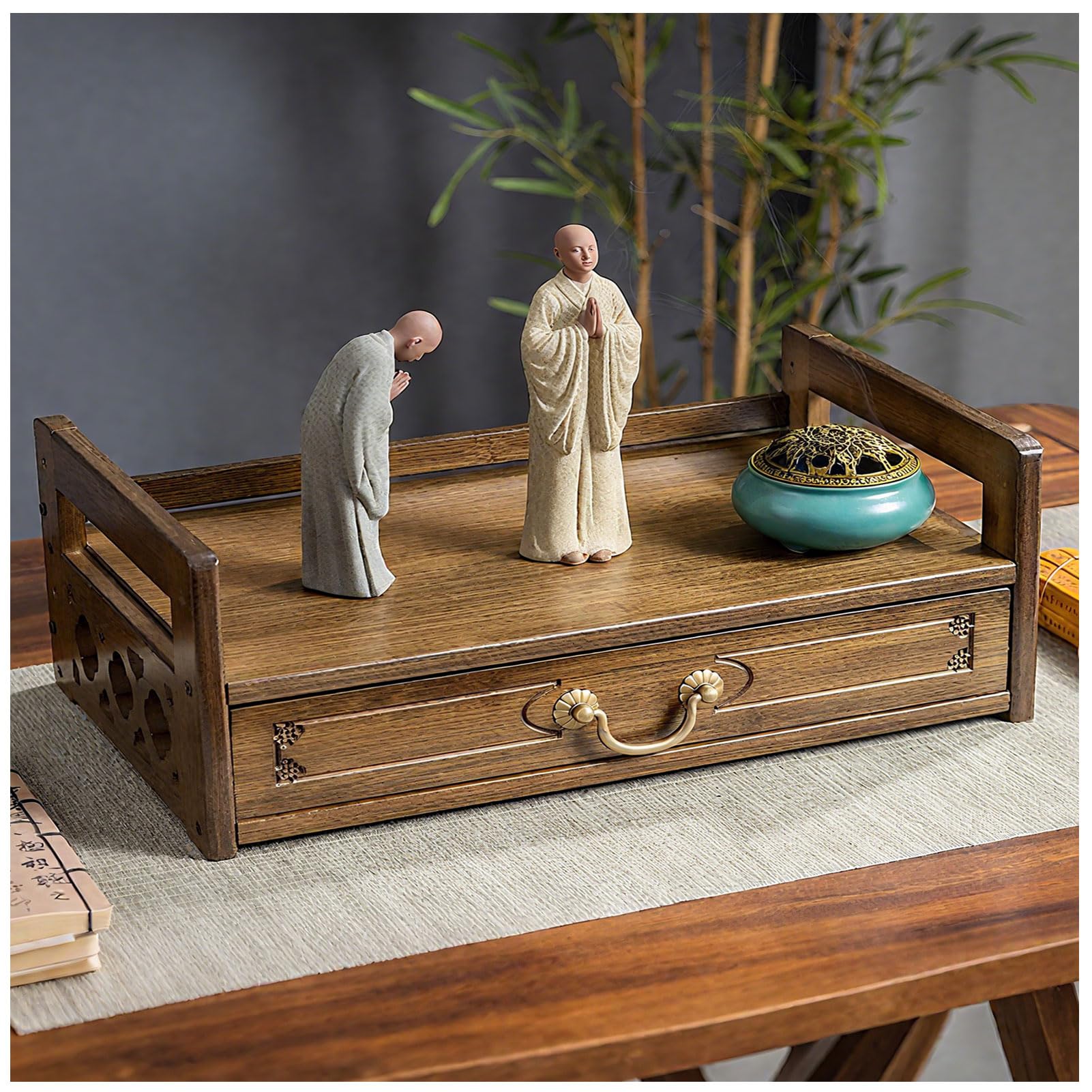 Scrivania da meditazione con cassetto – Tavolo da altare in noce per casa puja e conservazione spirituale, ideale per preghiera e serenità