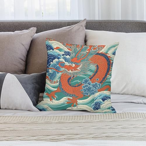 Miniatura 4 de Eurosham - Fundas de almohada de terciopelo rojo con diseño de dragón oriental de 18 x 18 pulgadas, estilo chinoiserie, funda de almohada decorativa