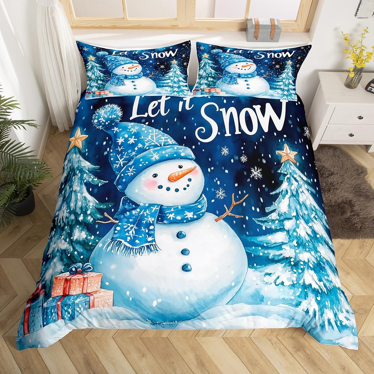 Homewish Cartoon Snowman Duvet Cover Set Blue White Christmas Tree Super King Bedding Set, Kawaii Xmas Snowflake Quilt Cover Cute Christmas Decorations Bed Sets