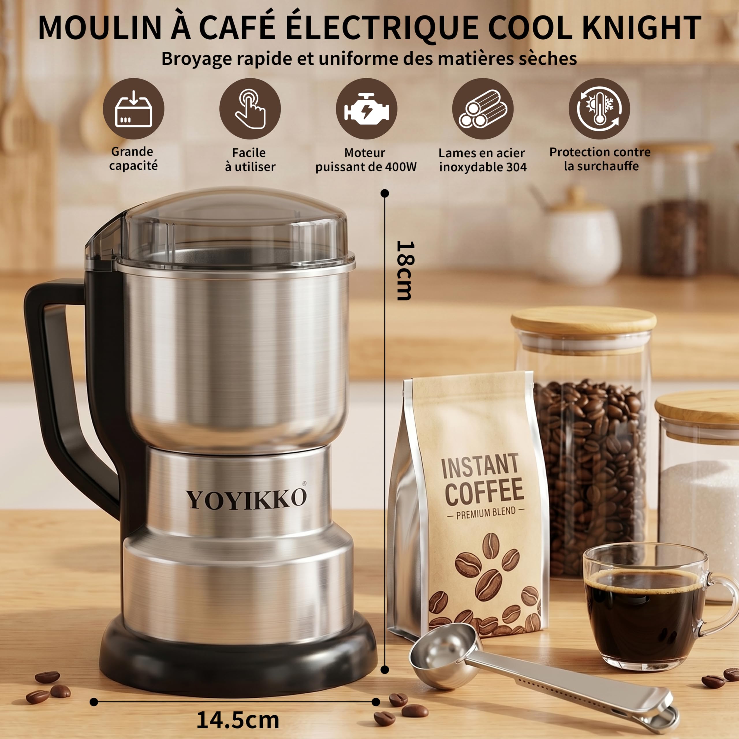 Moulin à café électrique multifonction 400W, Moulin a Graines avec Lames en Acier Inoxydable Coffee，broyage rapide et uniforme，Macinacaffè Pour café, épices et autres aliments (argenté-X60)