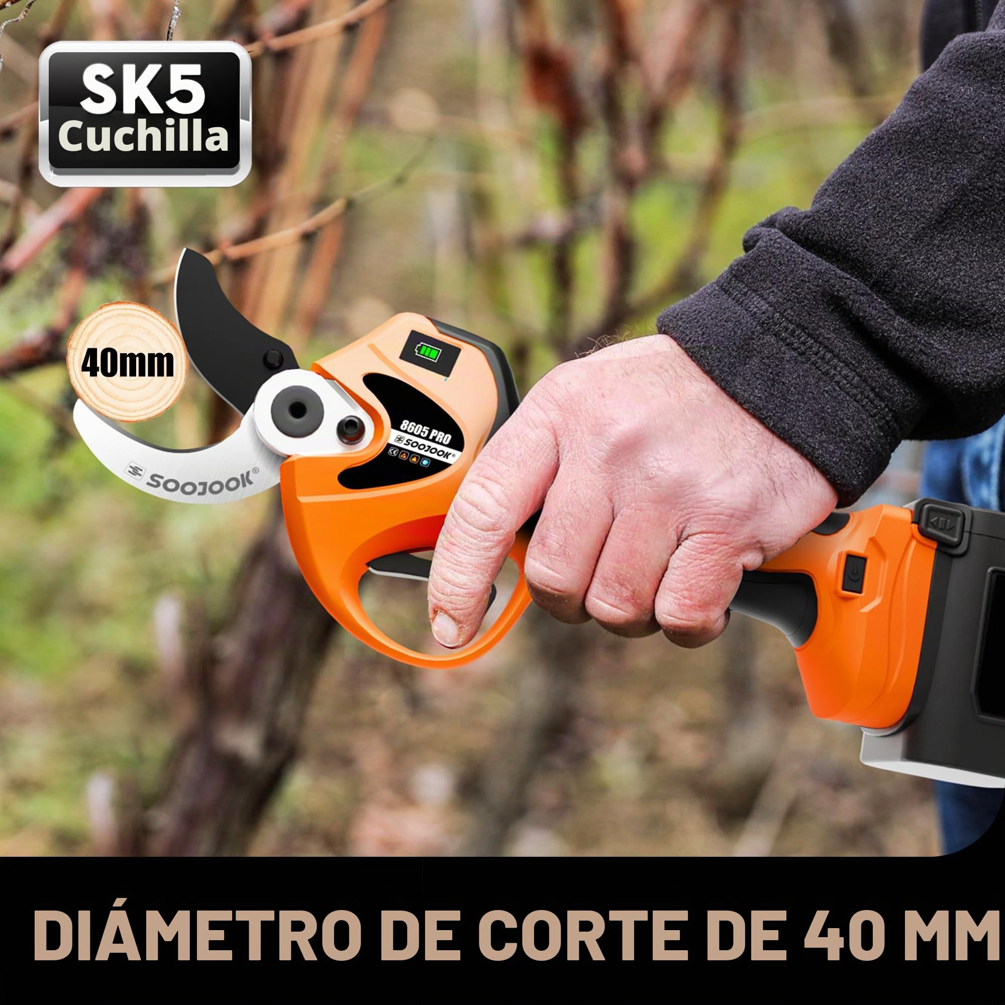 Tijeras de Podar Electricas 40mm - 8605PRO Podadoras Profesionales a Batería, 2x 21V 4A 1050W Podadoras Eléctricas Progresivas a Batería para Ramas de Jardín, Viñedos, Olivos