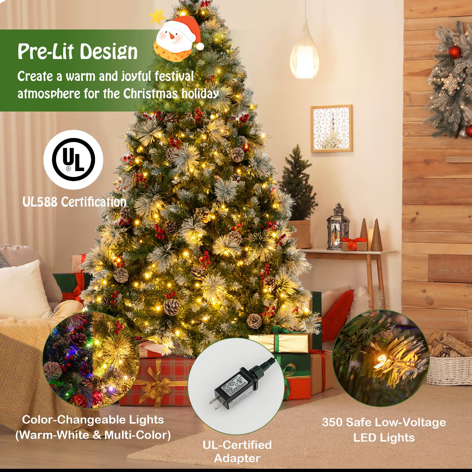 LIFEZEAL Sapin de Noël Artificiel de 180 cm/210 cm, recouvert de Neige, avec Pointes de Branches et Aiguilles de pin, Arbre Festif Lumineux avec Support, pour décoration de Noël (Vert+Blanc, 180cm)