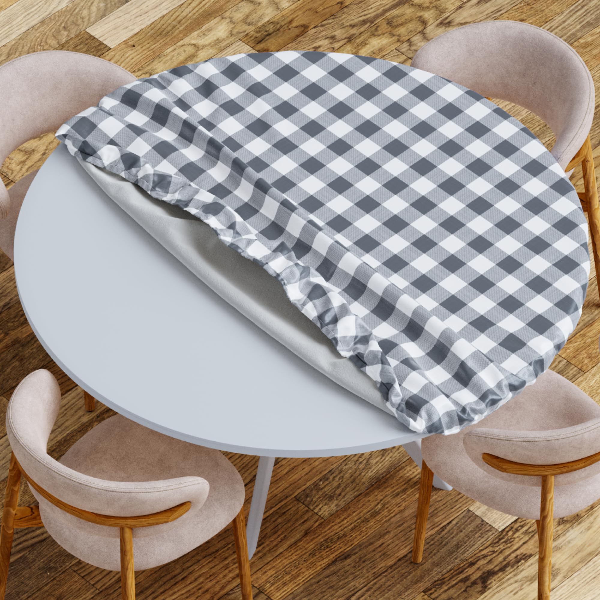 Sorfey Grey Vinyl Round Fitted Tablecloth Cover, Checkered Design, Flannel Backed Lining 54 Inch, Gray